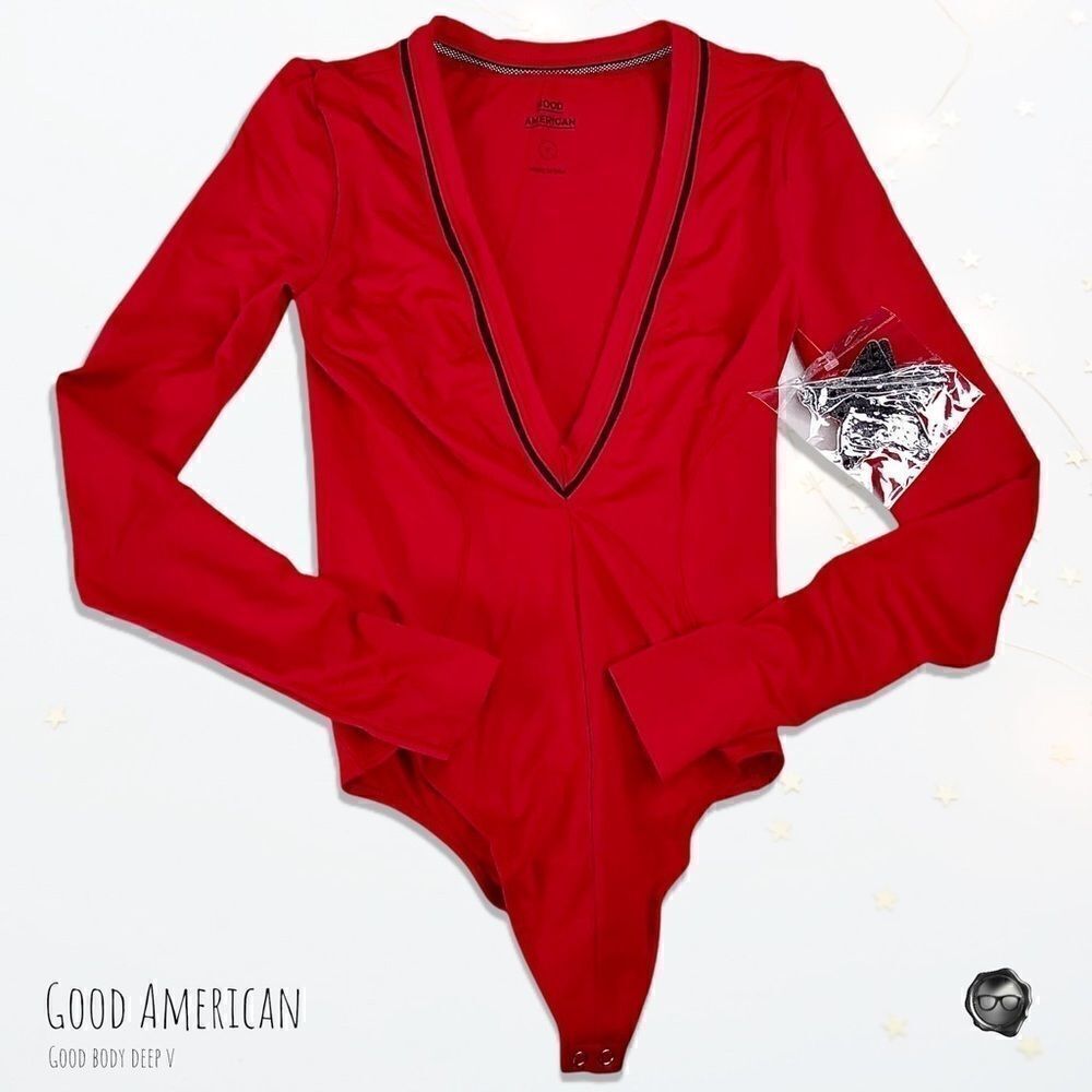 GOOD AMERICAN LOW DOWN DEEP V NECK BODYSUIT RED LONG SLEEVE + NIPPLE COVERS